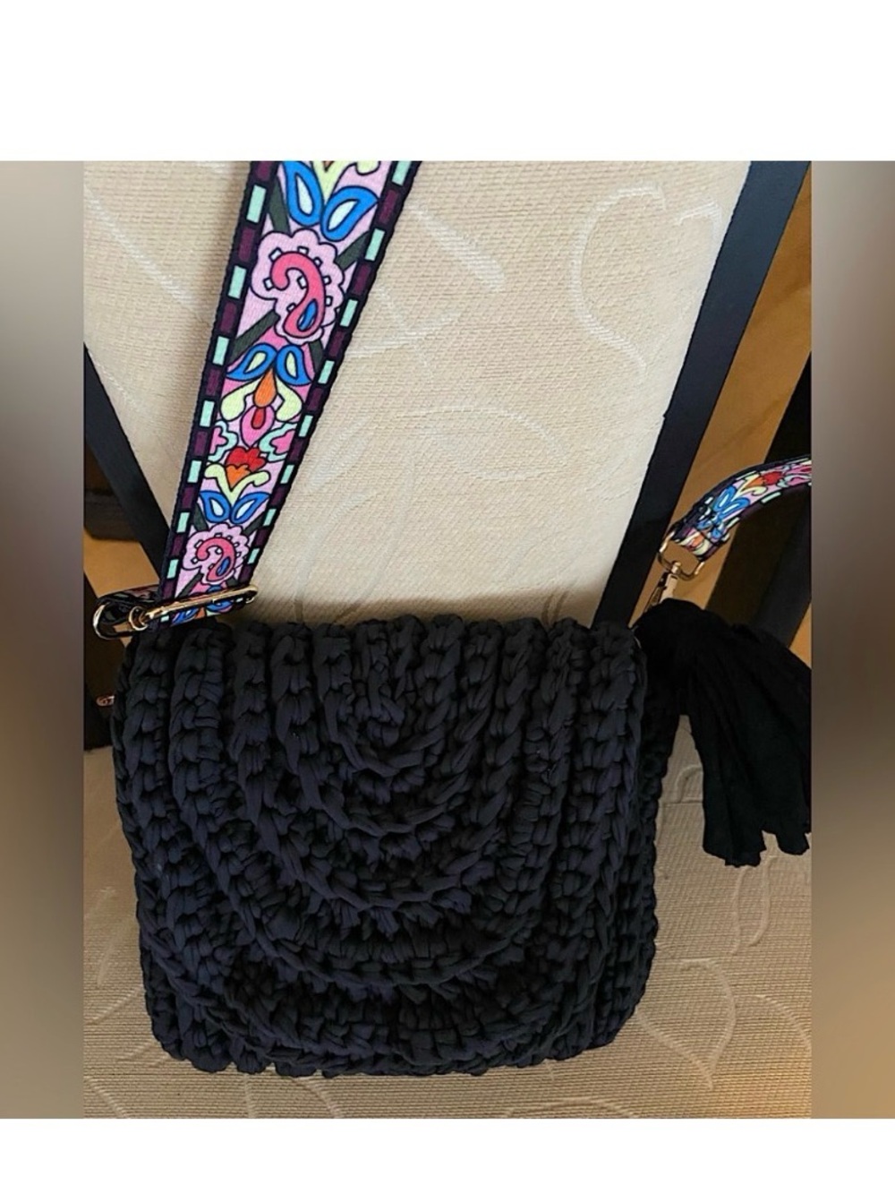 💙Black Crochet Crossbody Bag with Colorful Detachable Strap💙